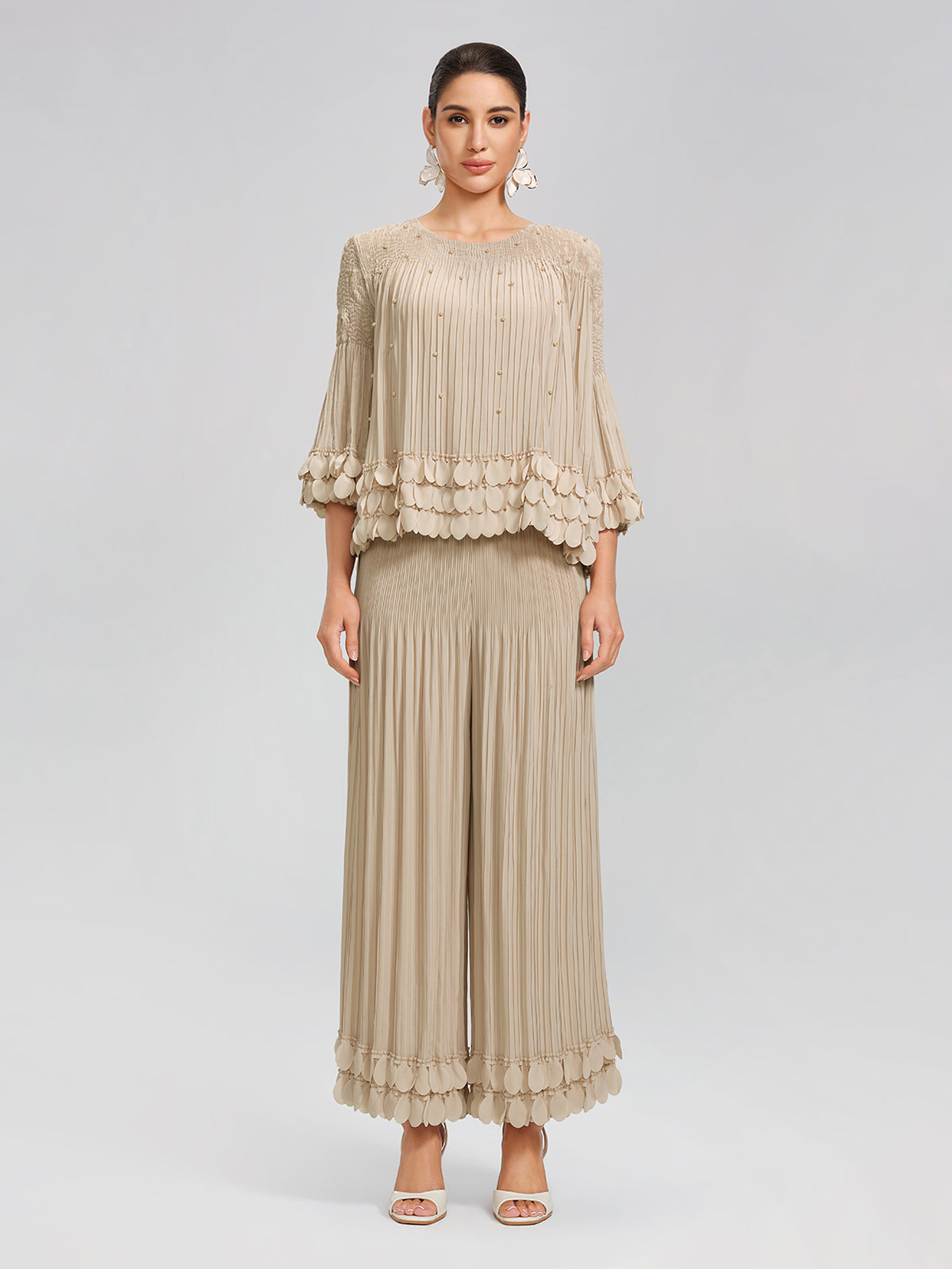 Hand-Stitched Floral Beaded Pleated Set