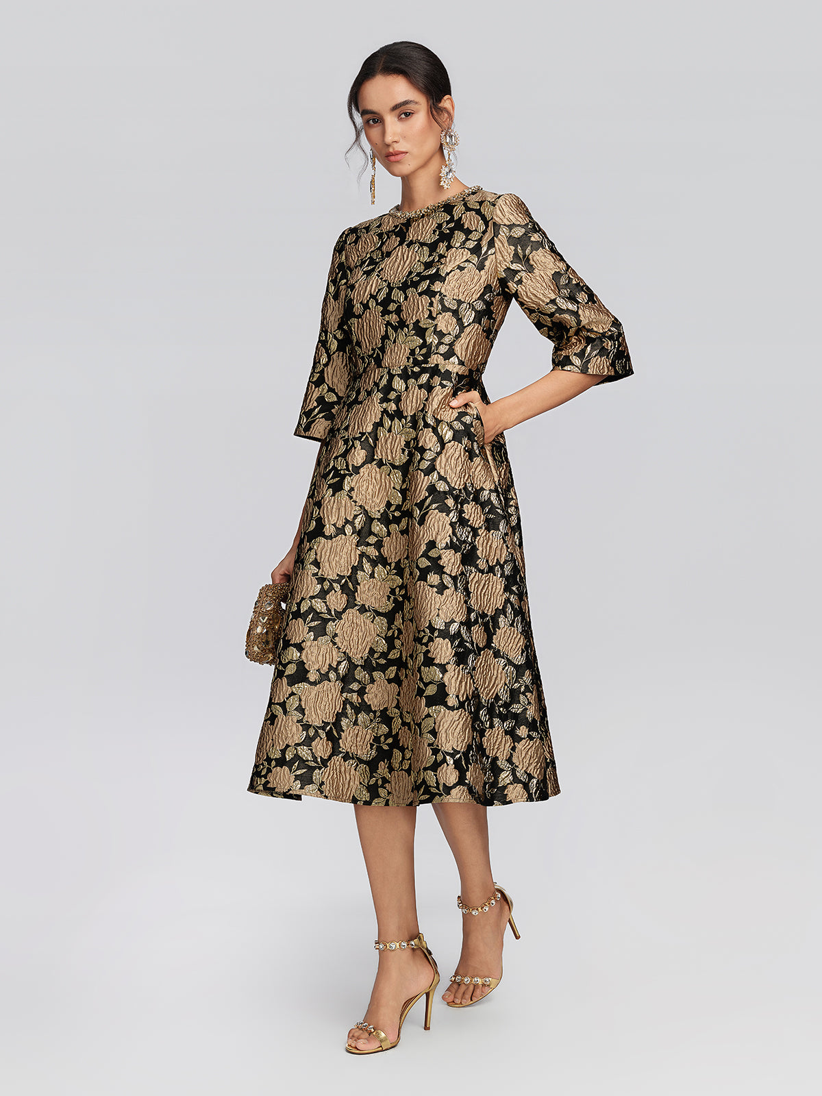 Embossed Jacquard Beaded Collar Dress
