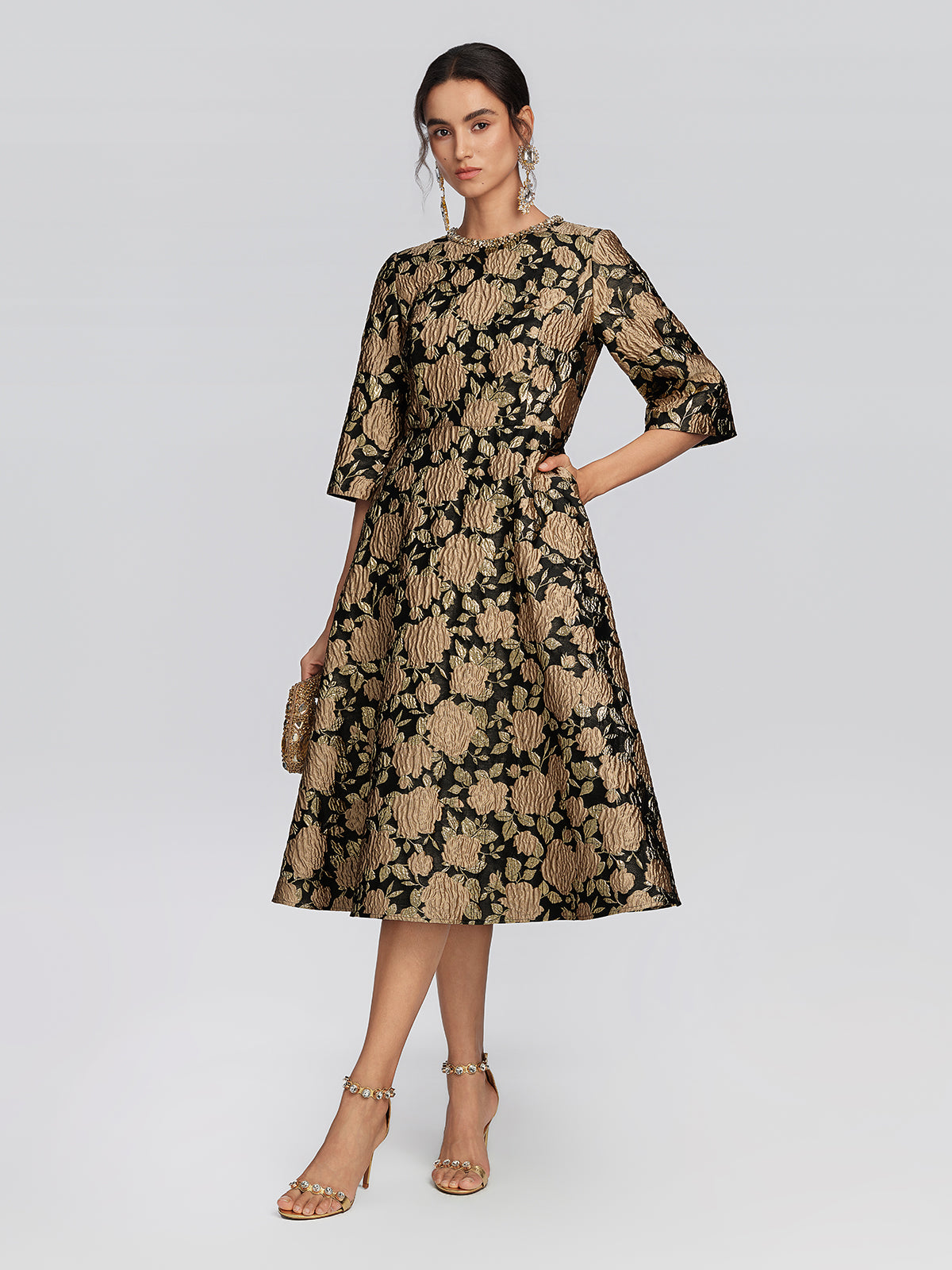 Embossed Jacquard Beaded Collar Dress