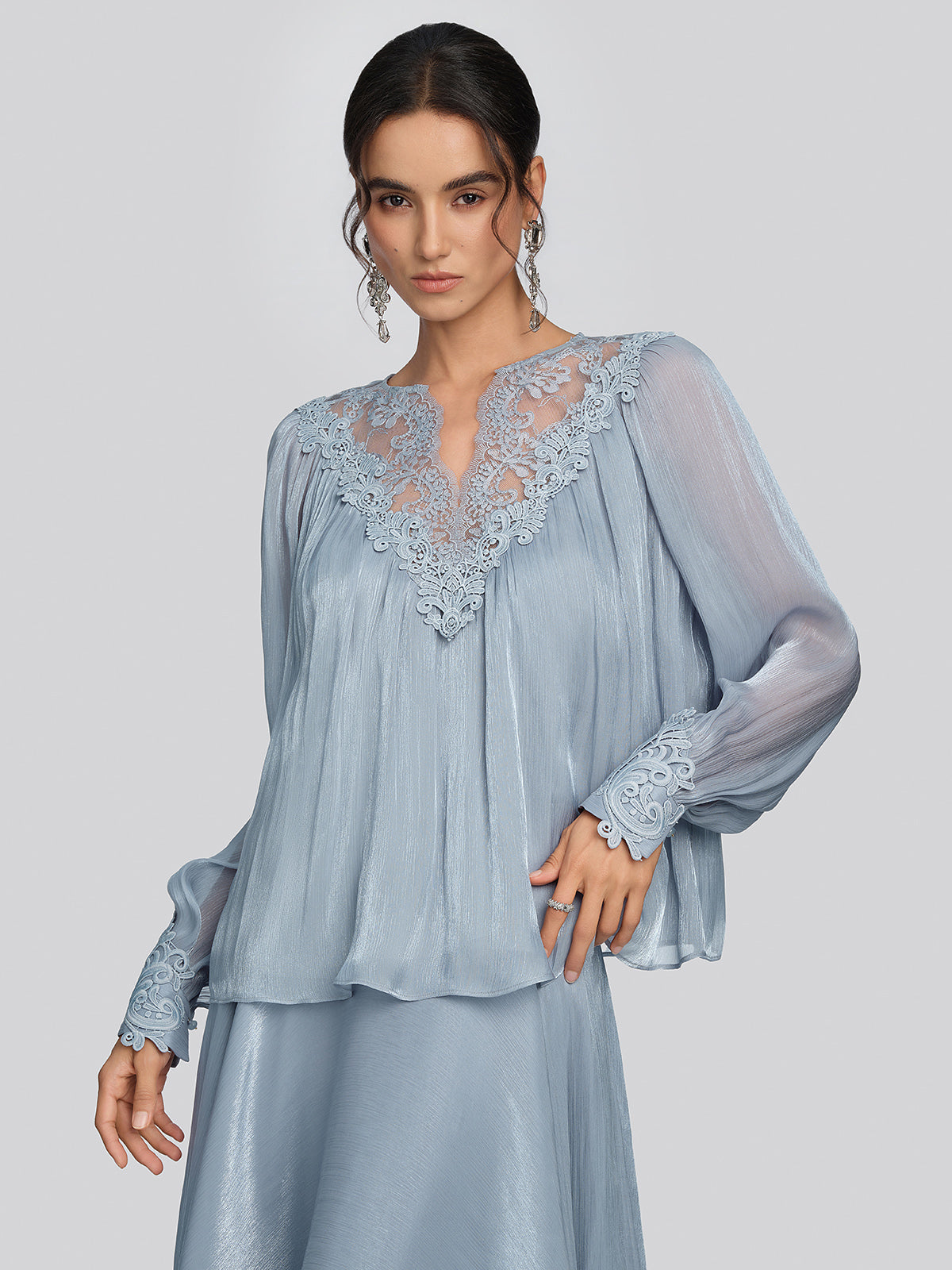 Pearlescent Organza Guipure Lace V-Neck Blouse