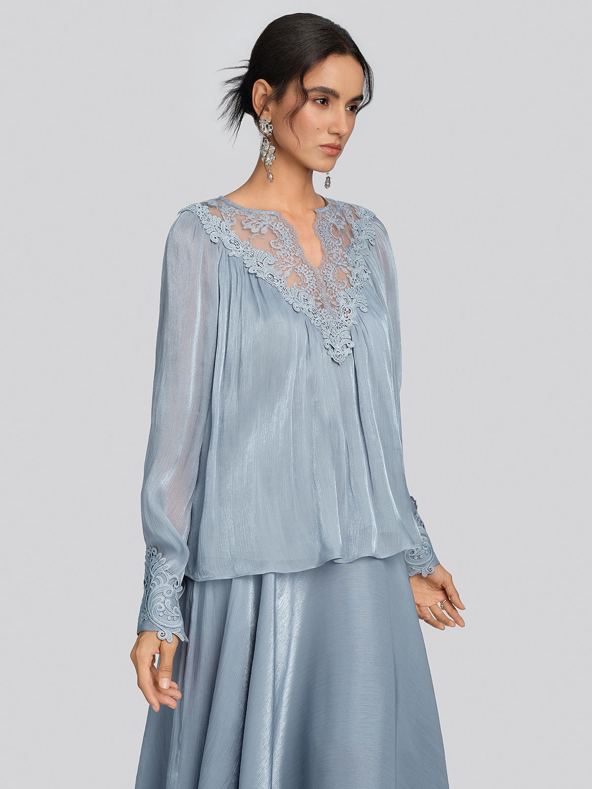 Pearlescent Organza Guipure Lace V-Neck Blouse