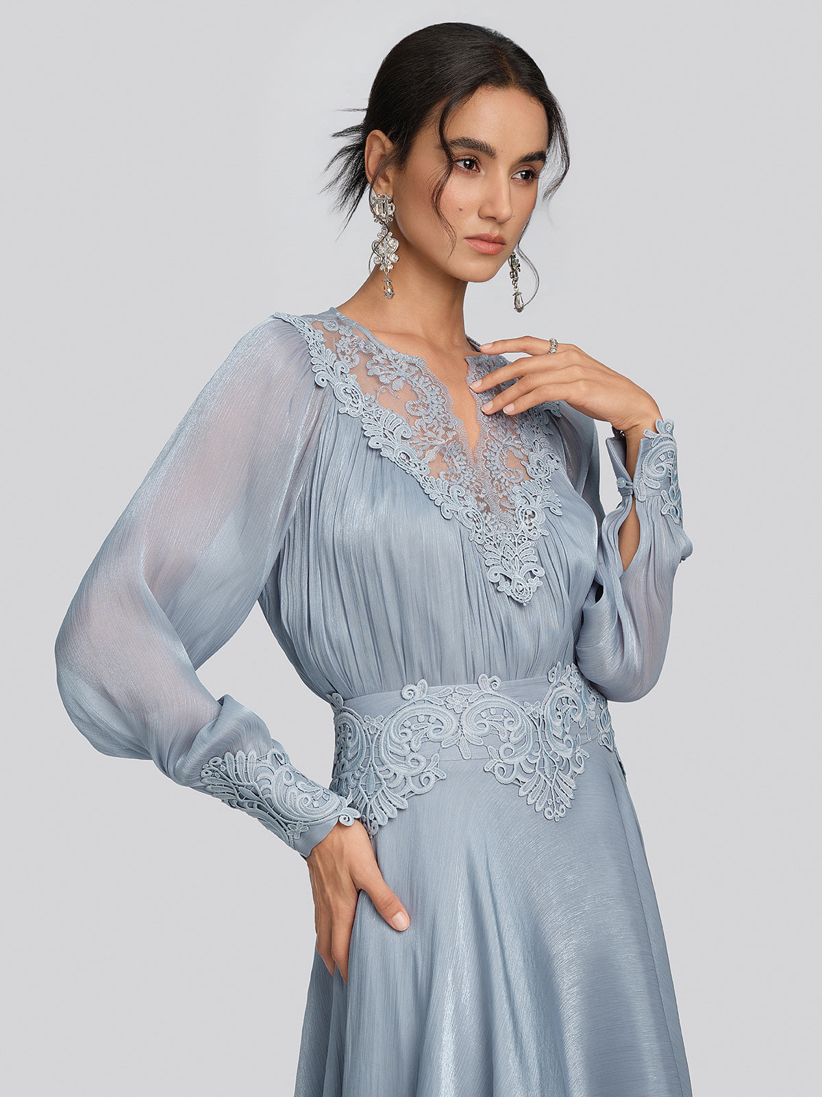 Pearlescent Organza Guipure Lace V-Neck Blouse