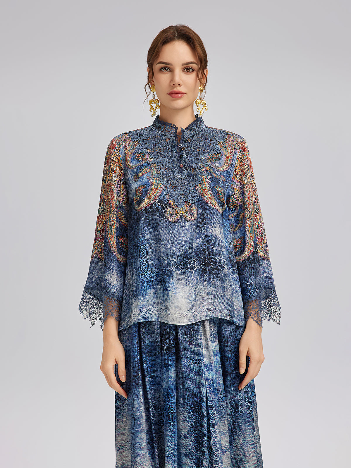 Final Sale | 100% Silk Paisley Tie-Dye Stand Collar Blouse