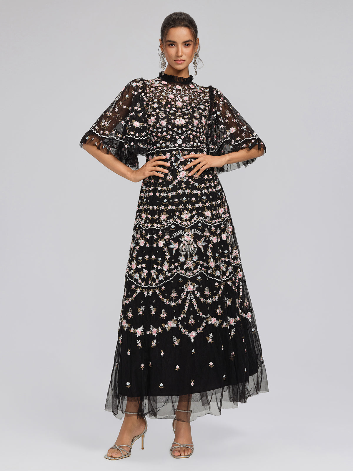 Embroidered Floral Ruffled Tulle Dress