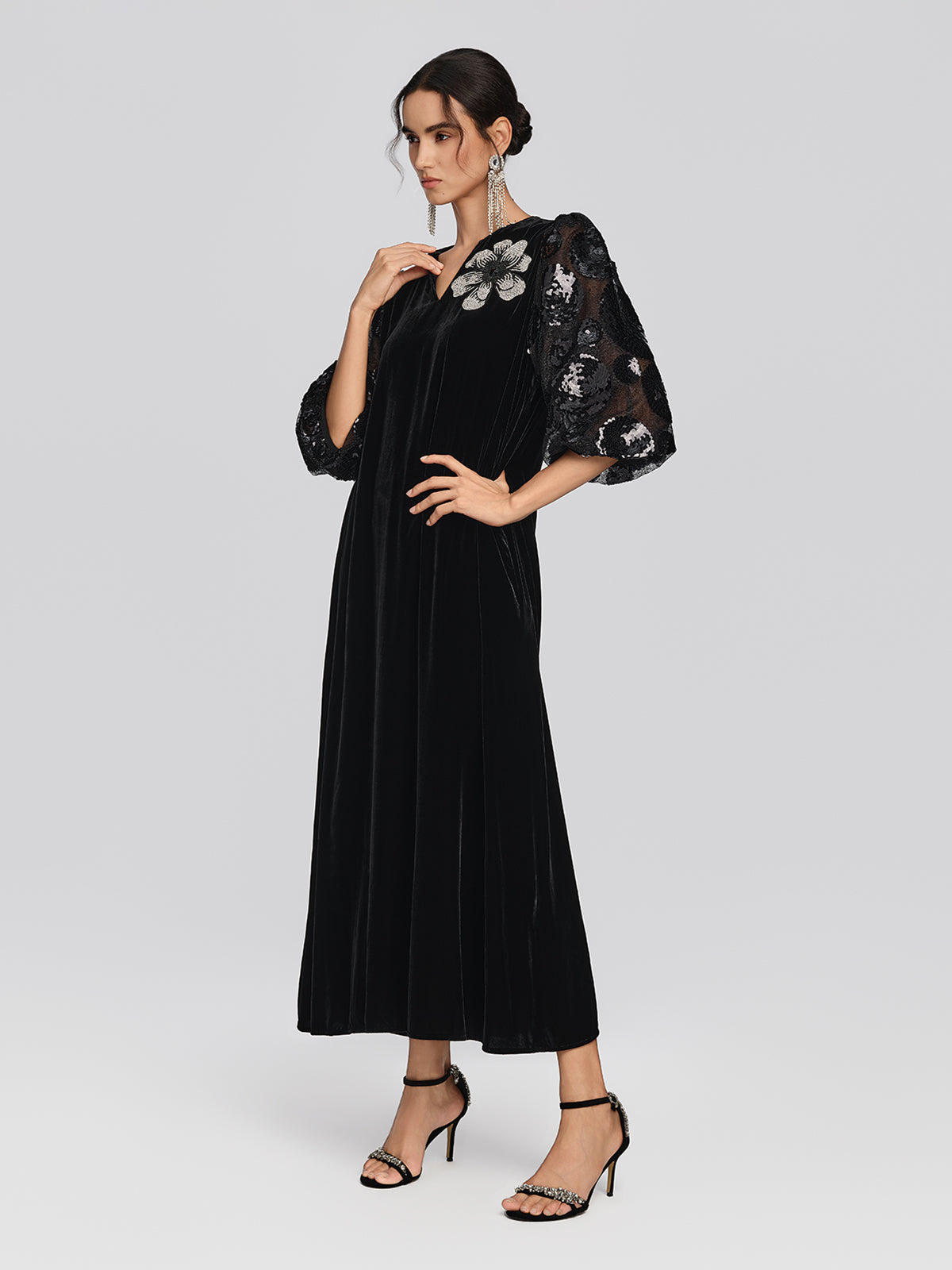 Silk Velvet Sequin Floral Dress