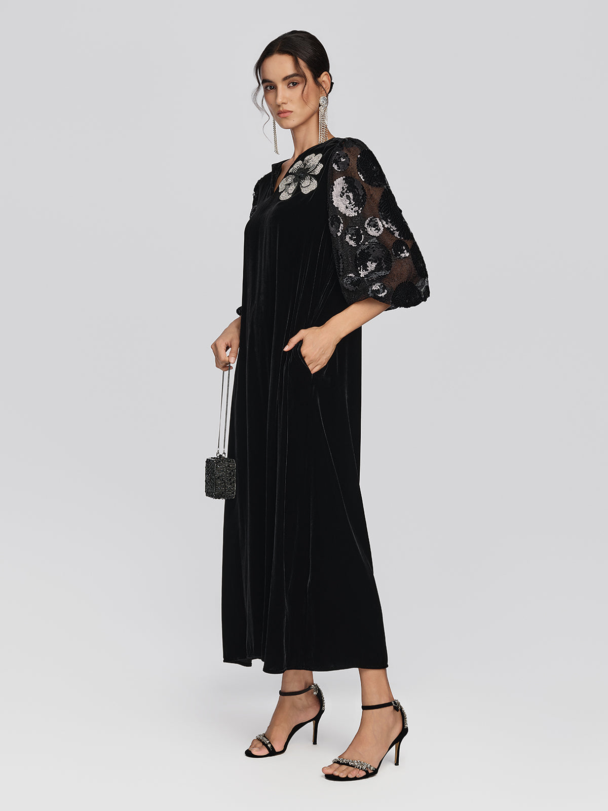 Silk Velvet Sequin Floral Dress