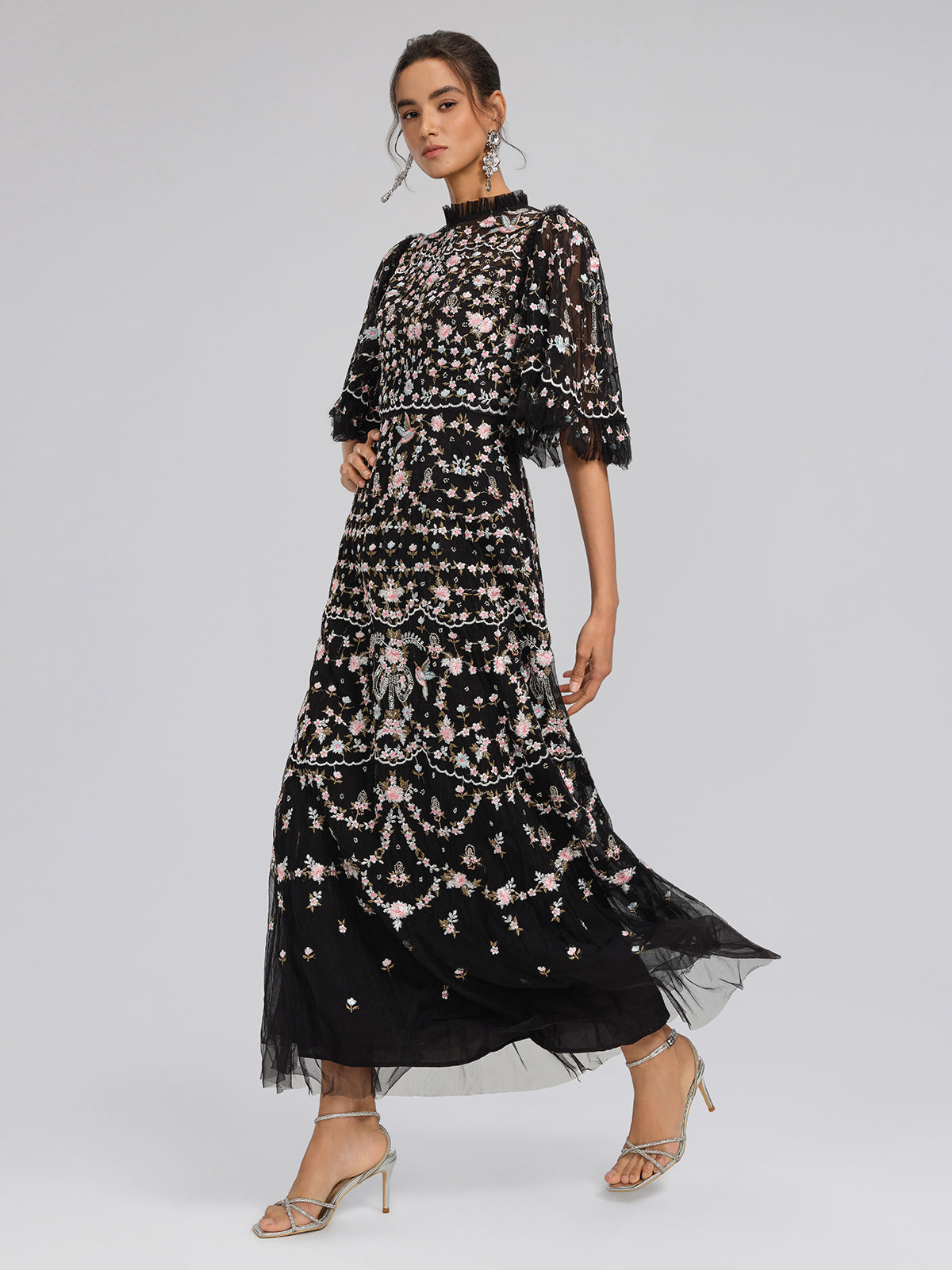 Embroidered Floral Ruffled Tulle Dress