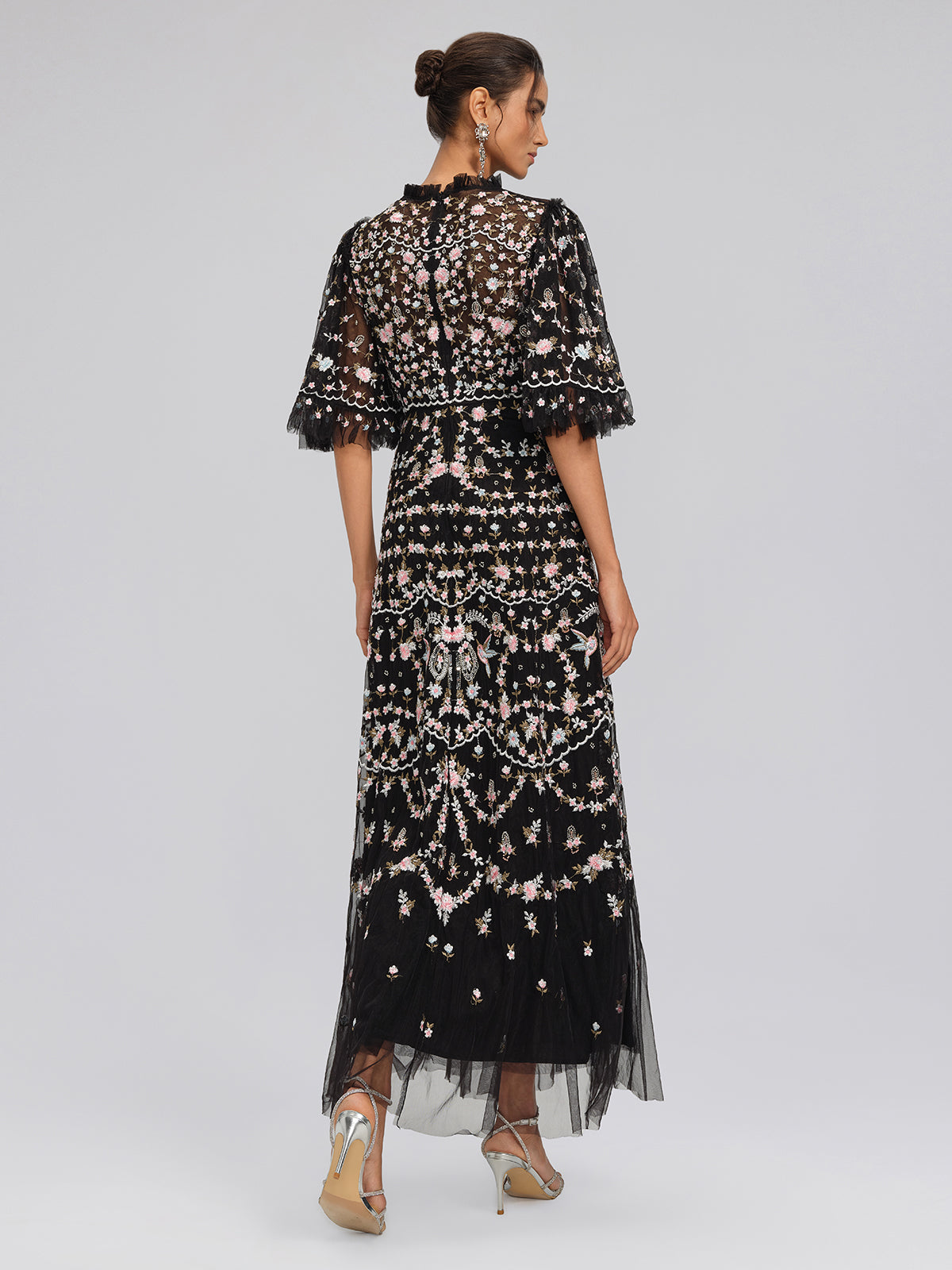 Embroidered Floral Ruffled Tulle Dress