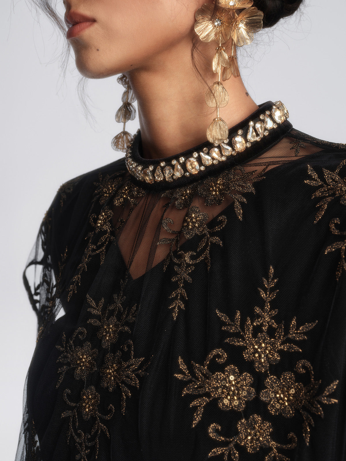 Embroidered Mesh Velvet Beaded Set