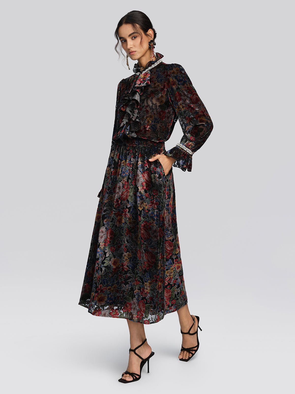 Burnout Velvet Floral A-Line Skirt