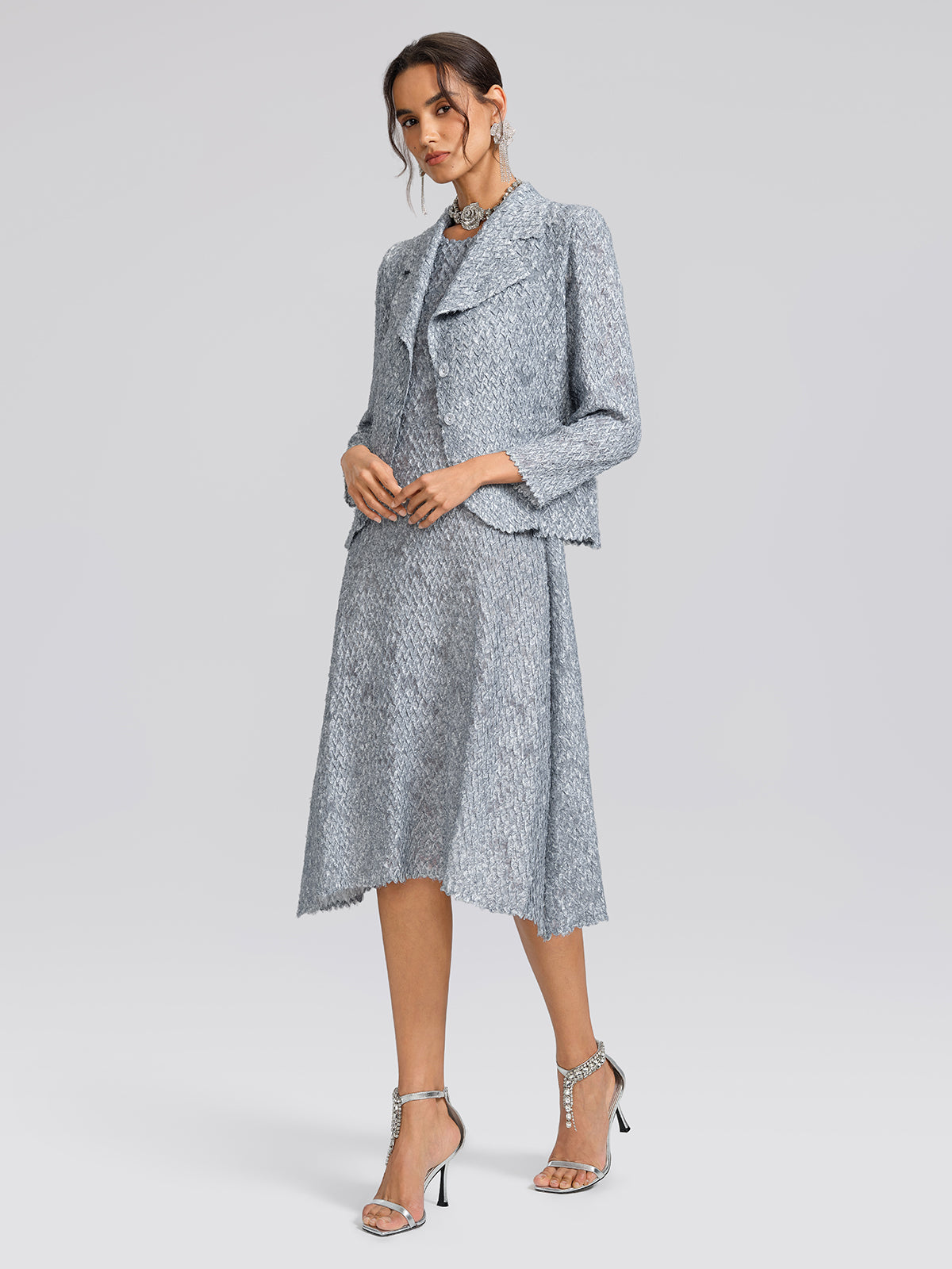 Textured Pleated Lapel Blazer Dress Set