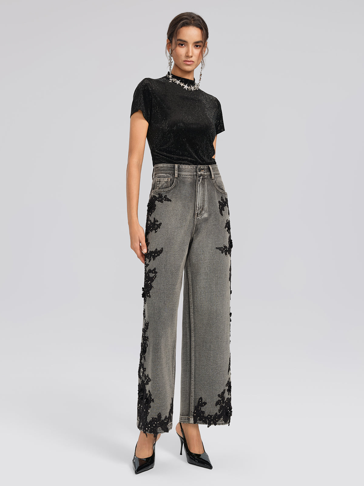 Lace Rhinestone Floral Washed Pants