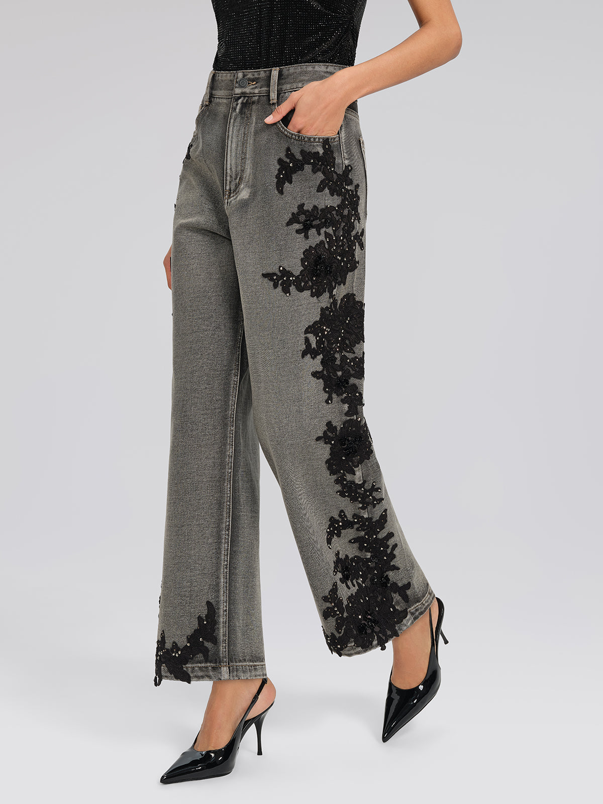 Lace Rhinestone Floral Washed Pants