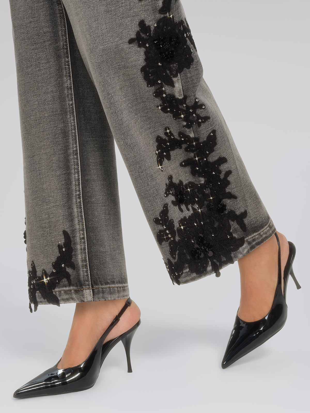 Lace Rhinestone Floral Washed Pants