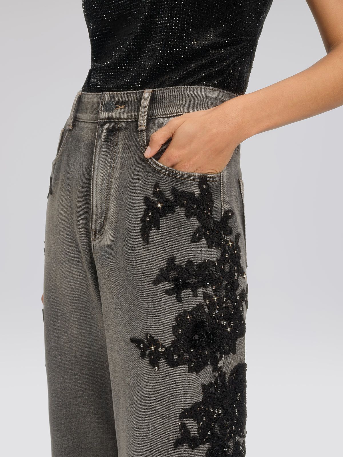 Lace Rhinestone Floral Washed Pants