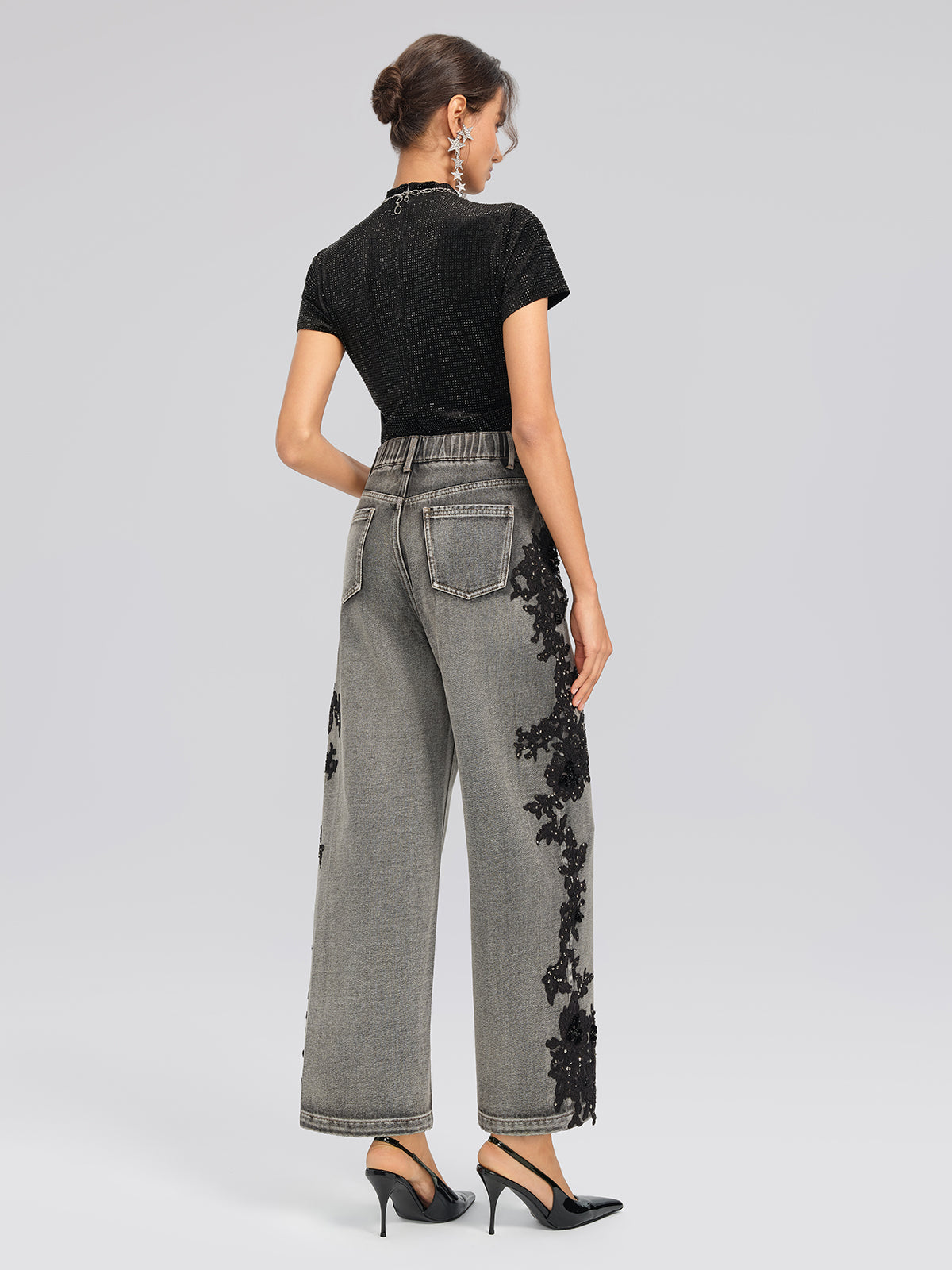 Lace Rhinestone Floral Washed Pants