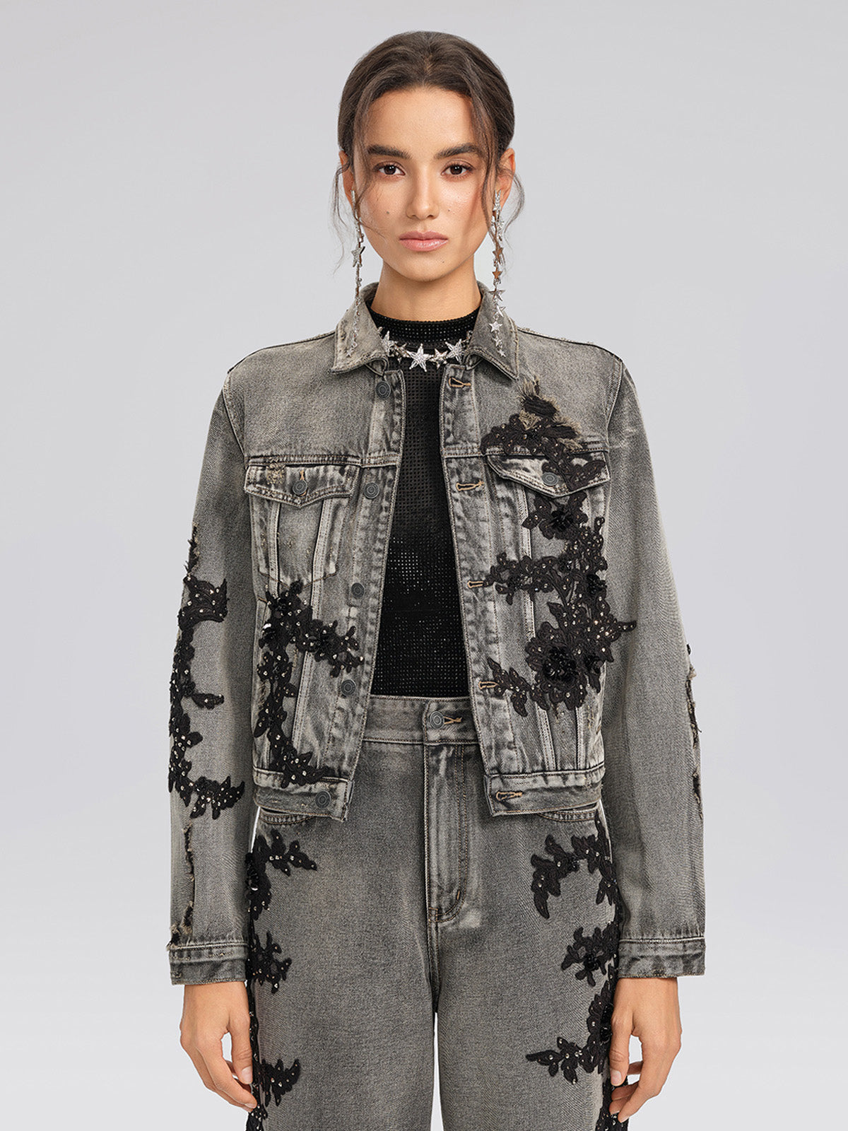 Lace Rhinestone Floral Washed Jacket