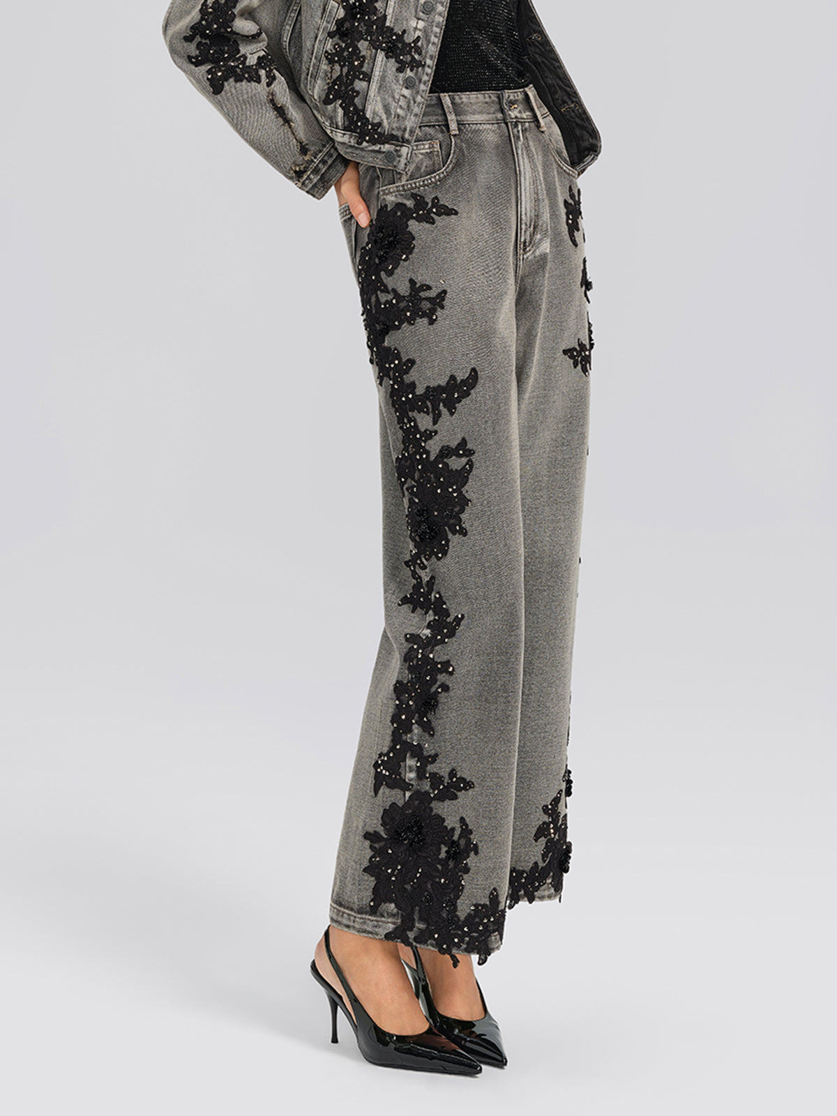 Lace Rhinestone Floral Washed Pants
