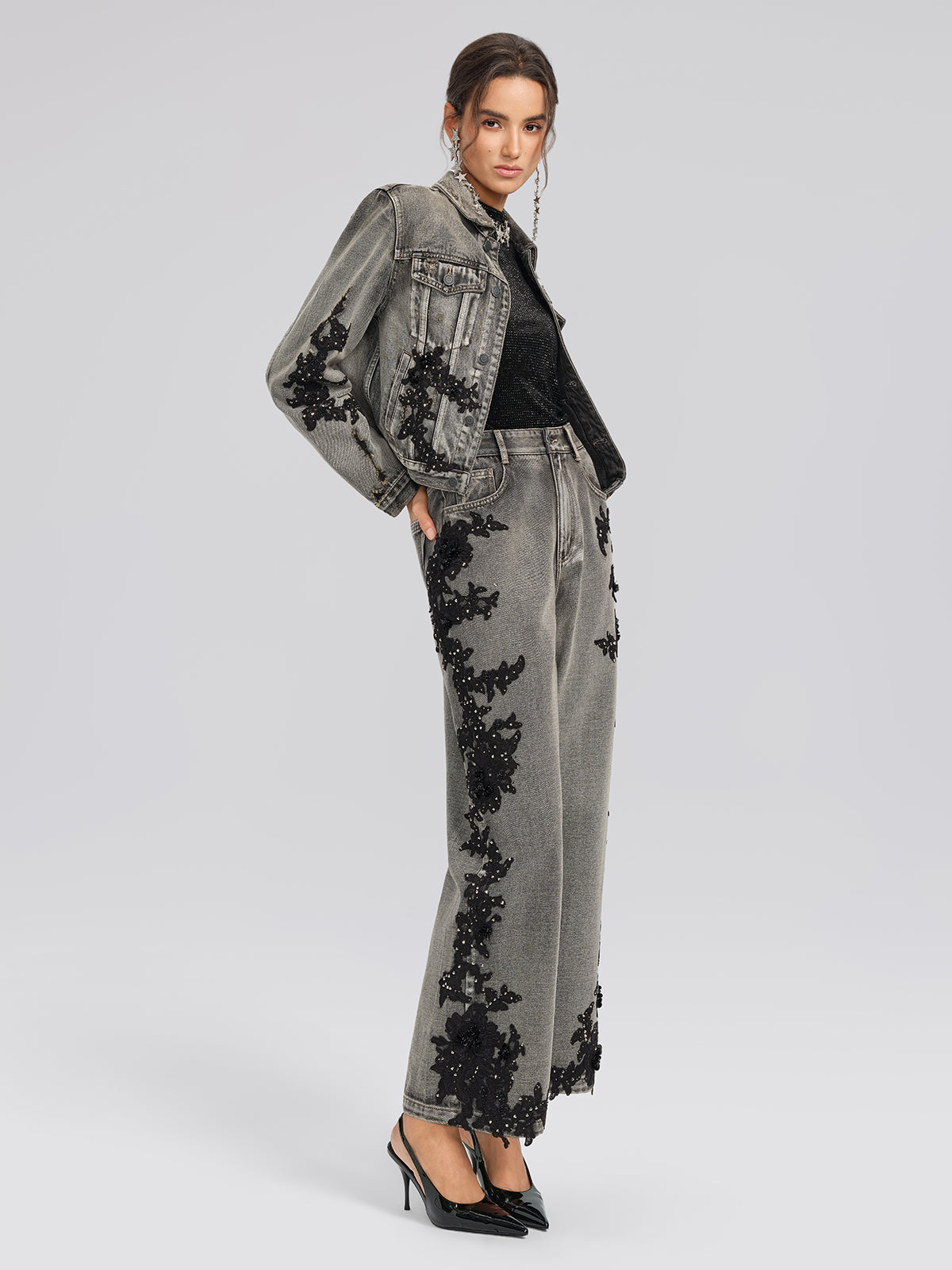 Lace Rhinestone Floral Washed Jacket
