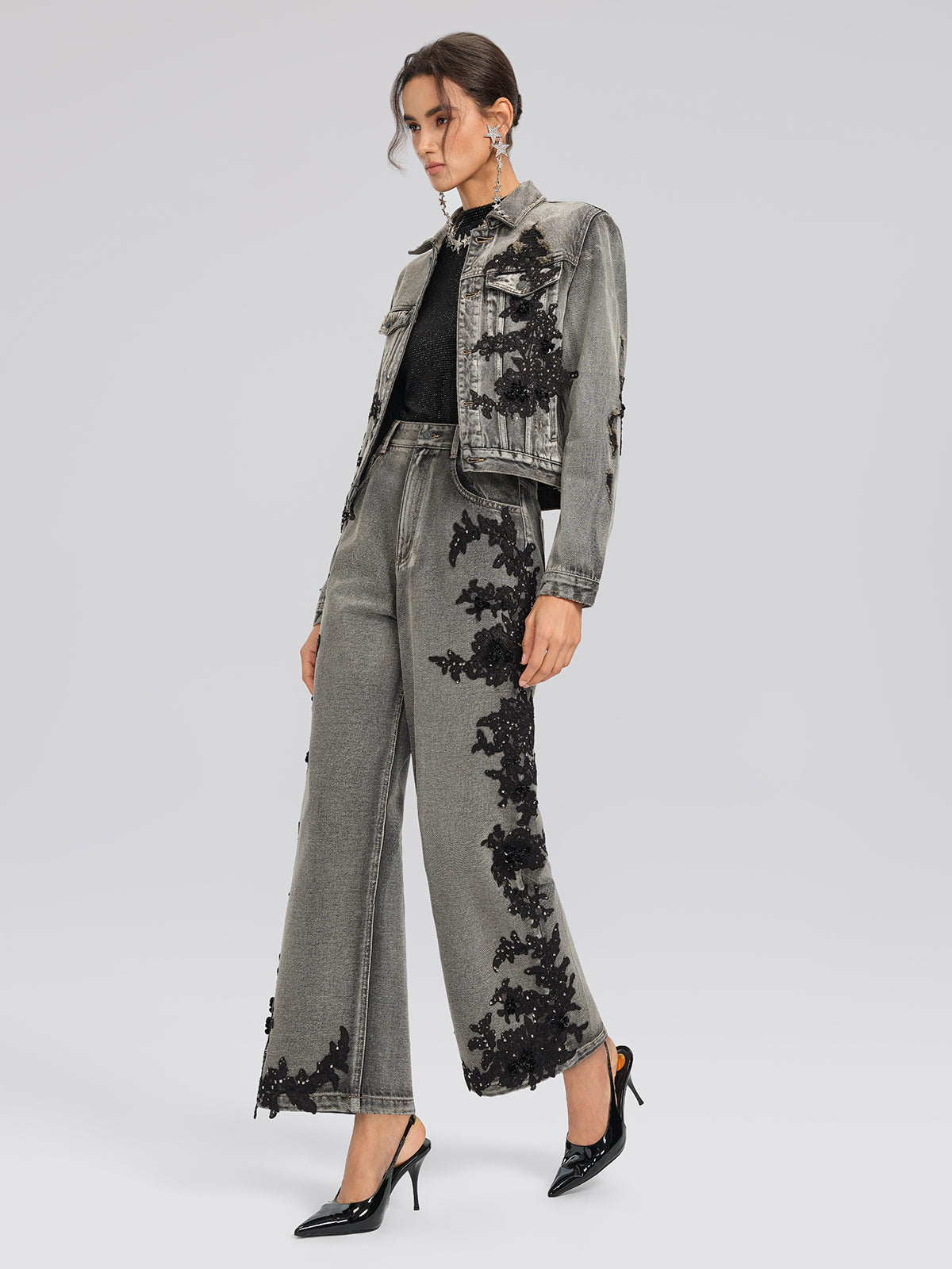 Lace Rhinestone Floral Washed Jacket