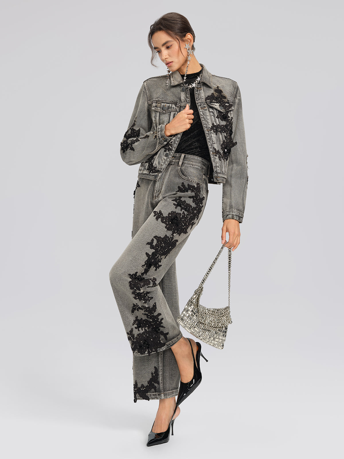 Lace Rhinestone Floral Washed Jacket