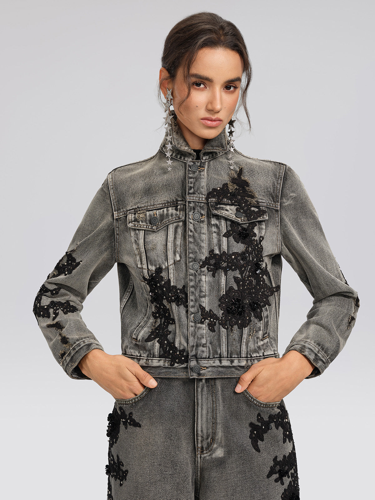 Lace Rhinestone Floral Washed Jacket