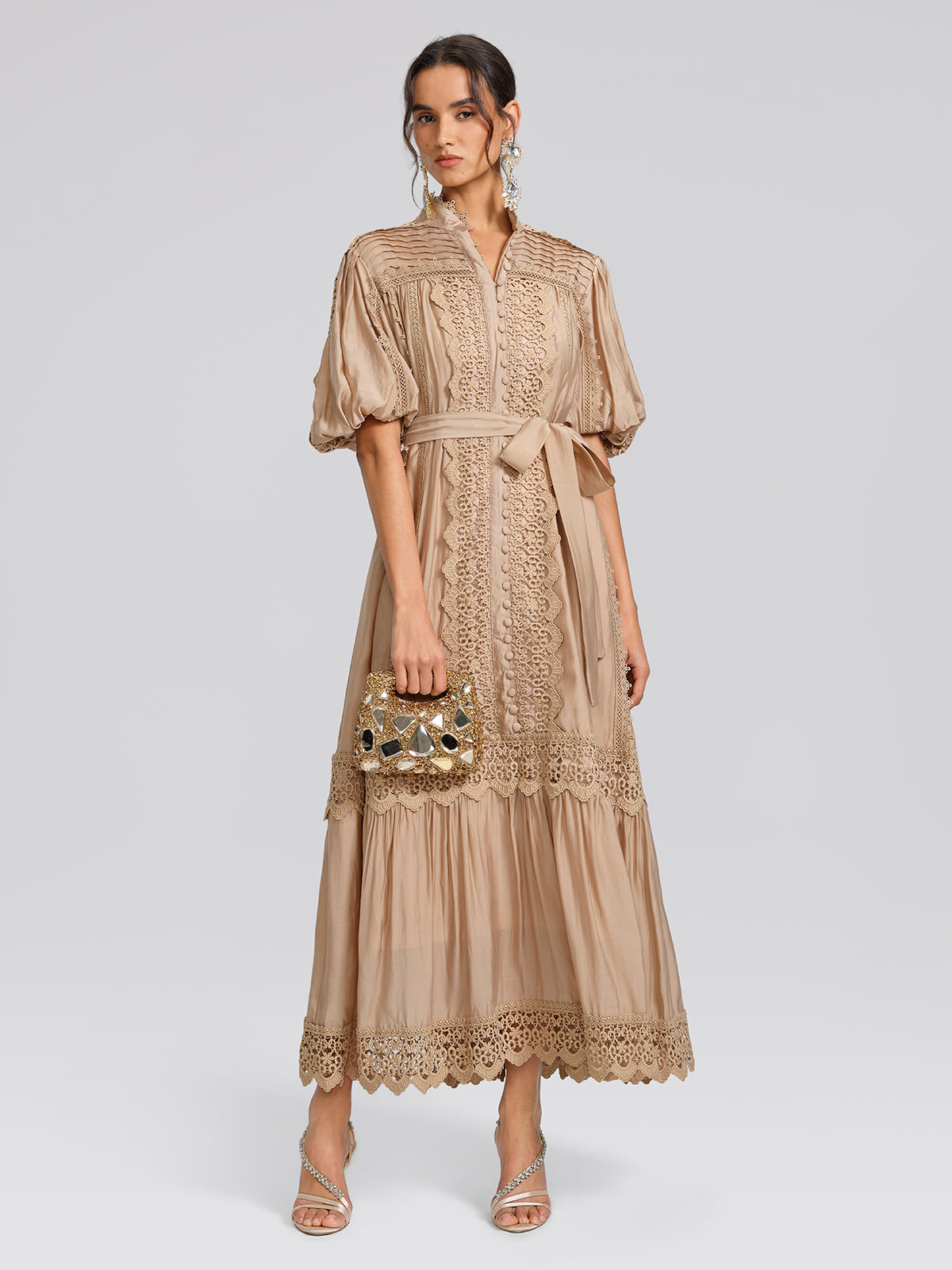 Embroidered Lace Panel Mock Neck Maxi Dress (Waist Tie Included)