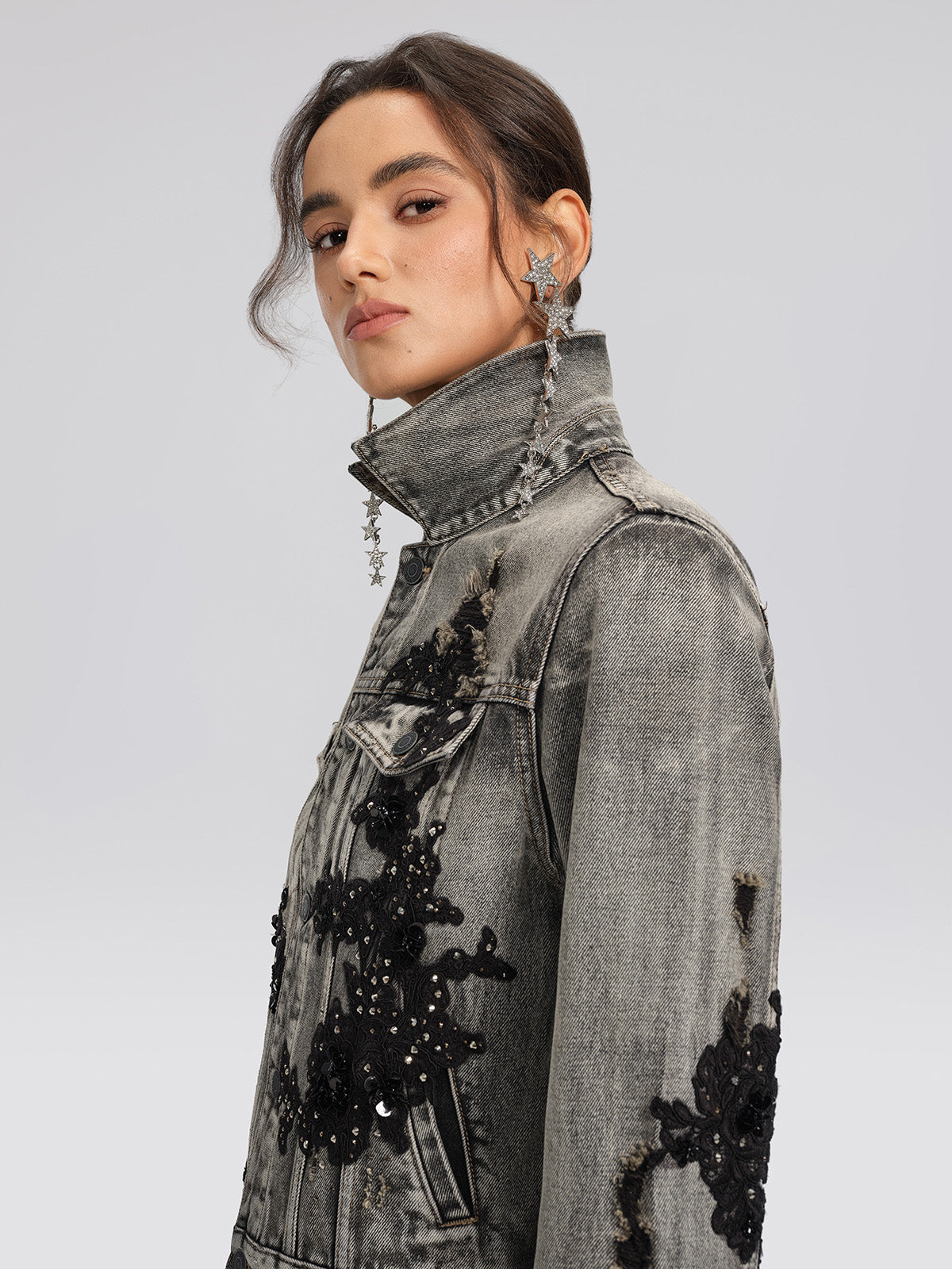 Lace Rhinestone Floral Washed Jacket