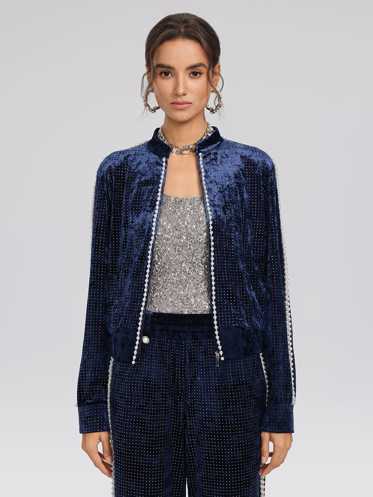 Hand-Beaded Pearl Rhinestone Velvet Jacket