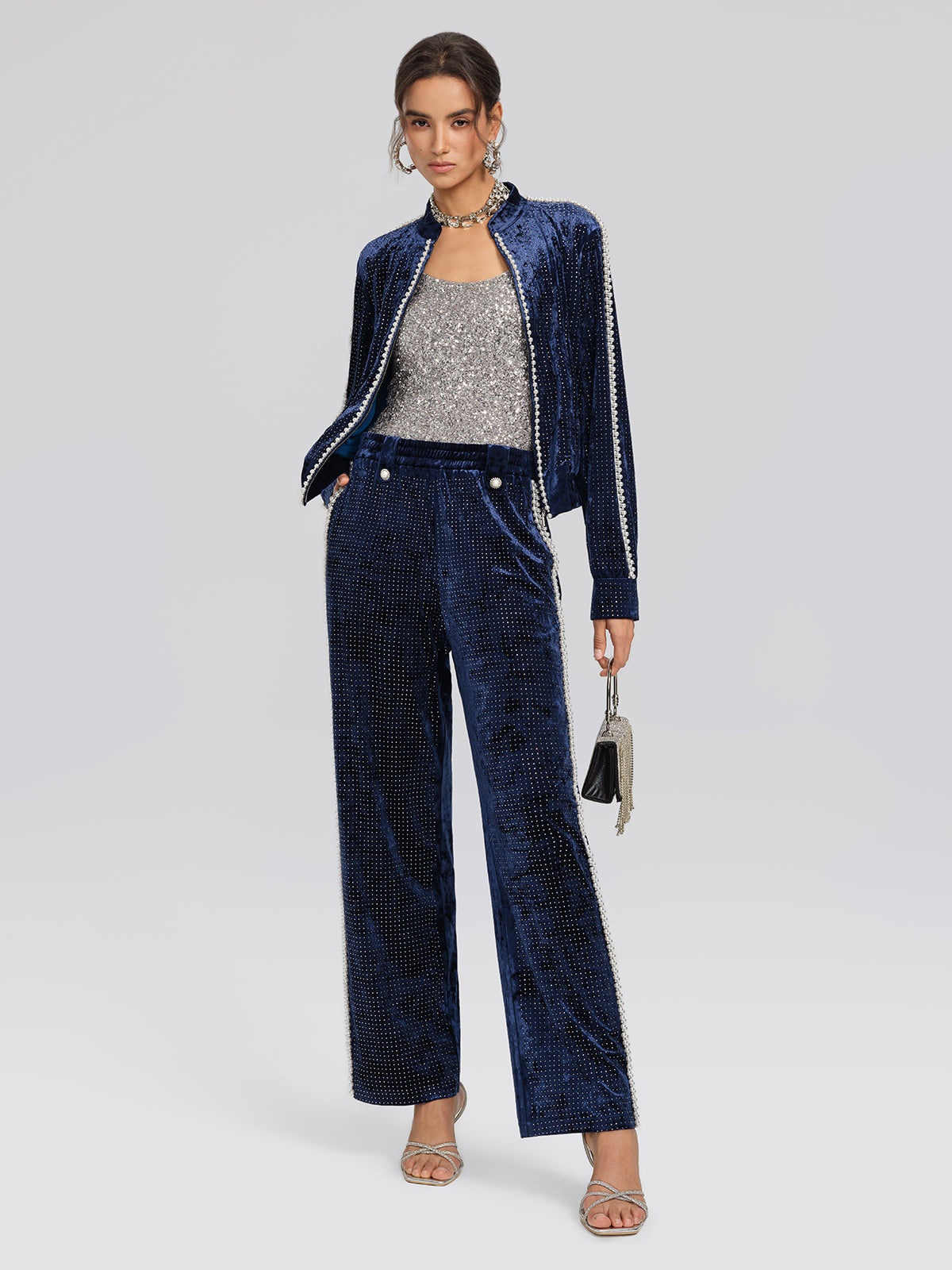 Hand-Beaded Pearl Rhinestone Velvet Jacket
