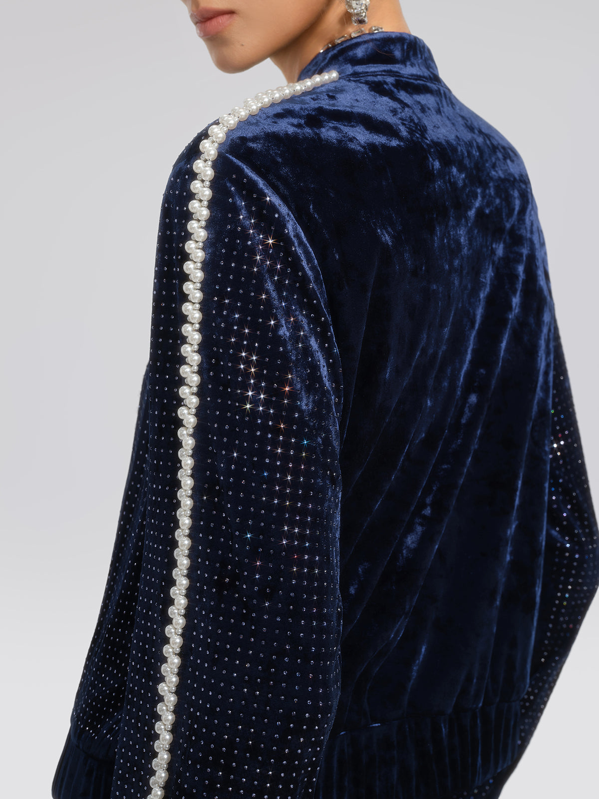 Hand-Beaded Pearl Rhinestone Velvet Jacket