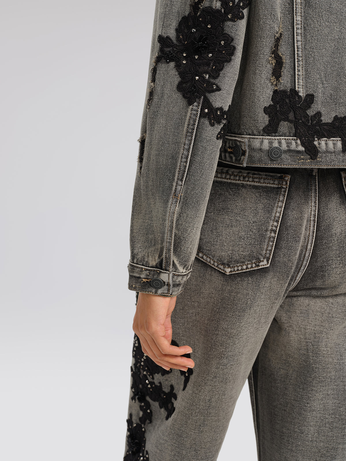 Lace Rhinestone Floral Washed Pants