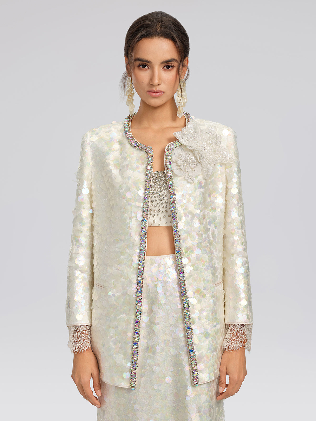 Iridescent Sequin Hand-Beaded Jacket (Detachable Flower Included)
