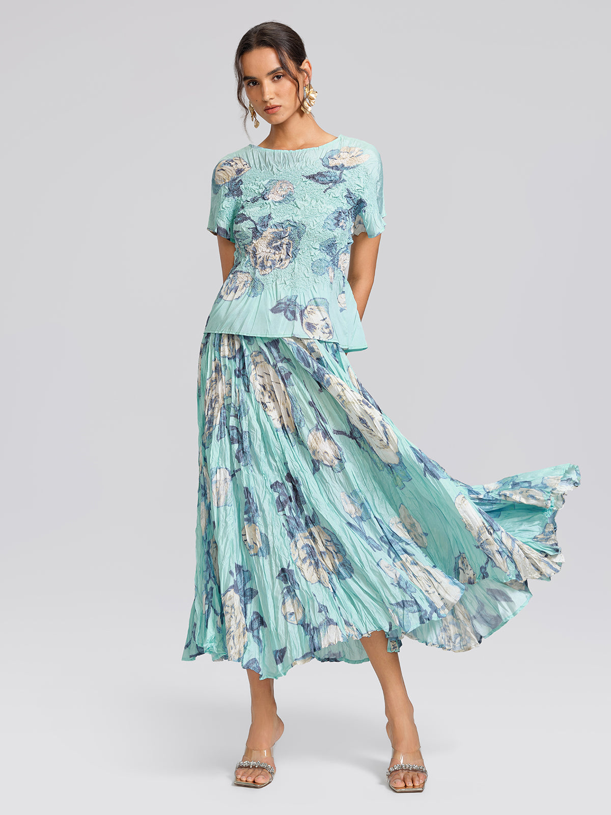 Floral Pleated Short-Sleeve Top & Skirt Set