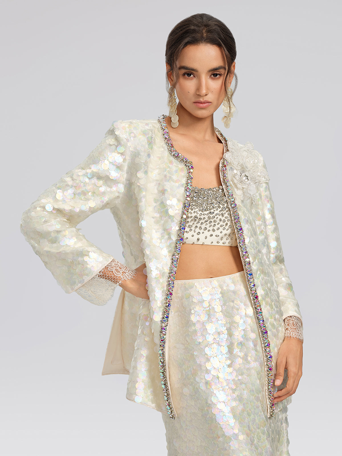 Iridescent Sequin Hand-Beaded Jacket (Detachable Flower Included)