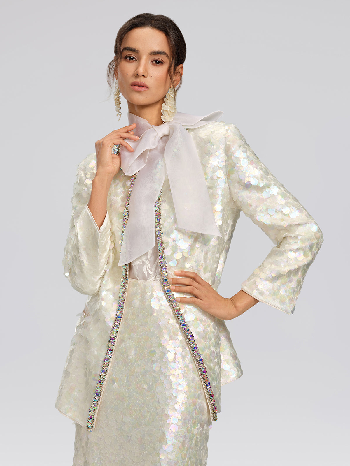 Iridescent Sequin Hand-Beaded Jacket (Detachable Flower Included)