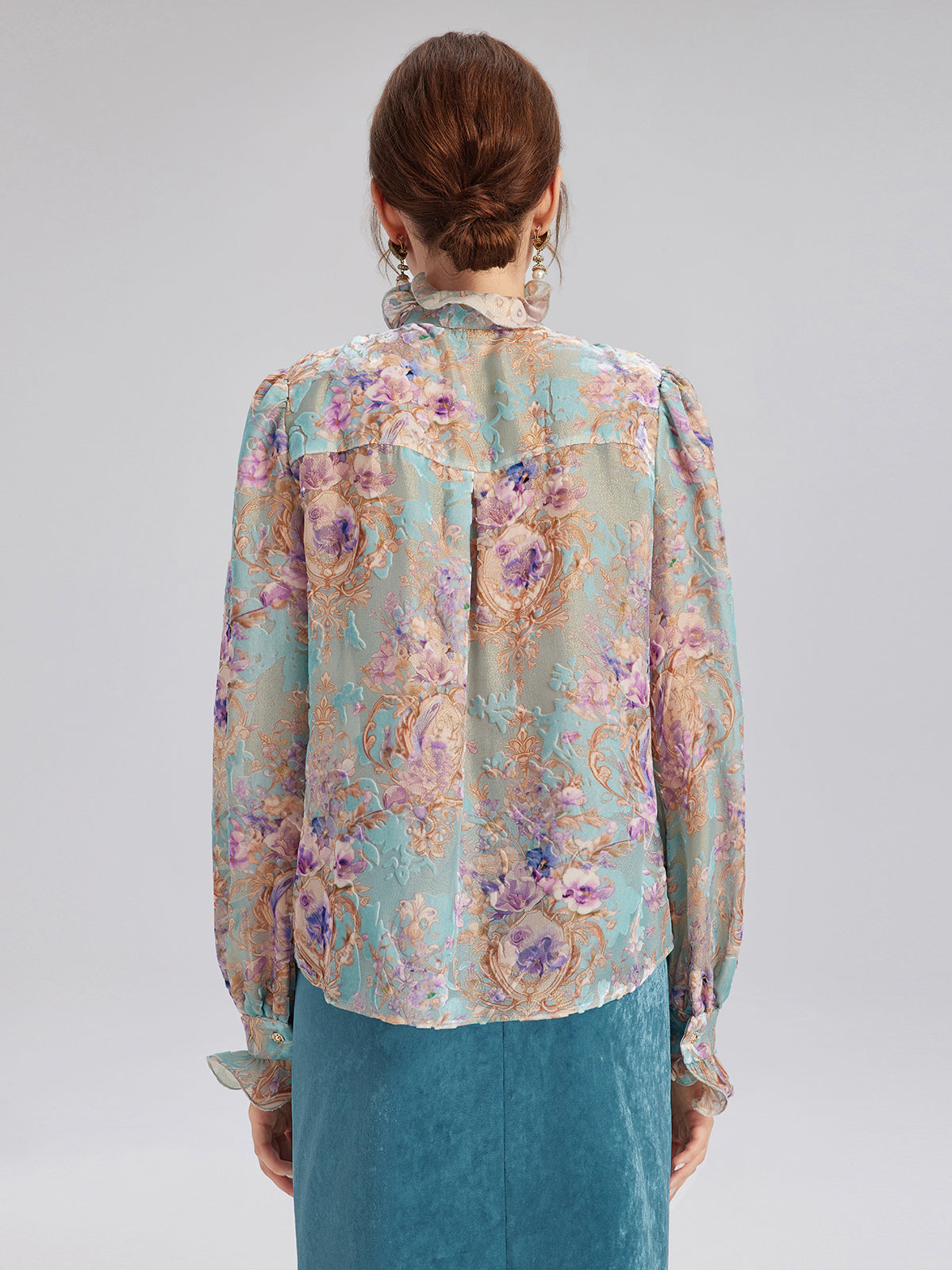 Silk Velvet Devoré Ribbon Bow Ruffle Blouse