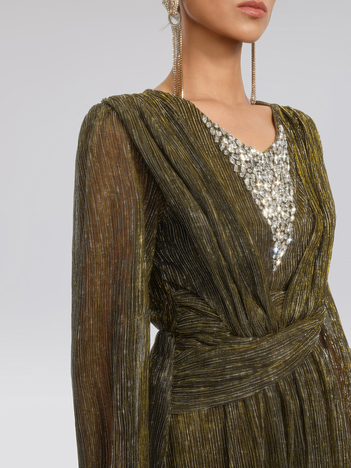 Pleated Lurex Crystal V-Neck Dress