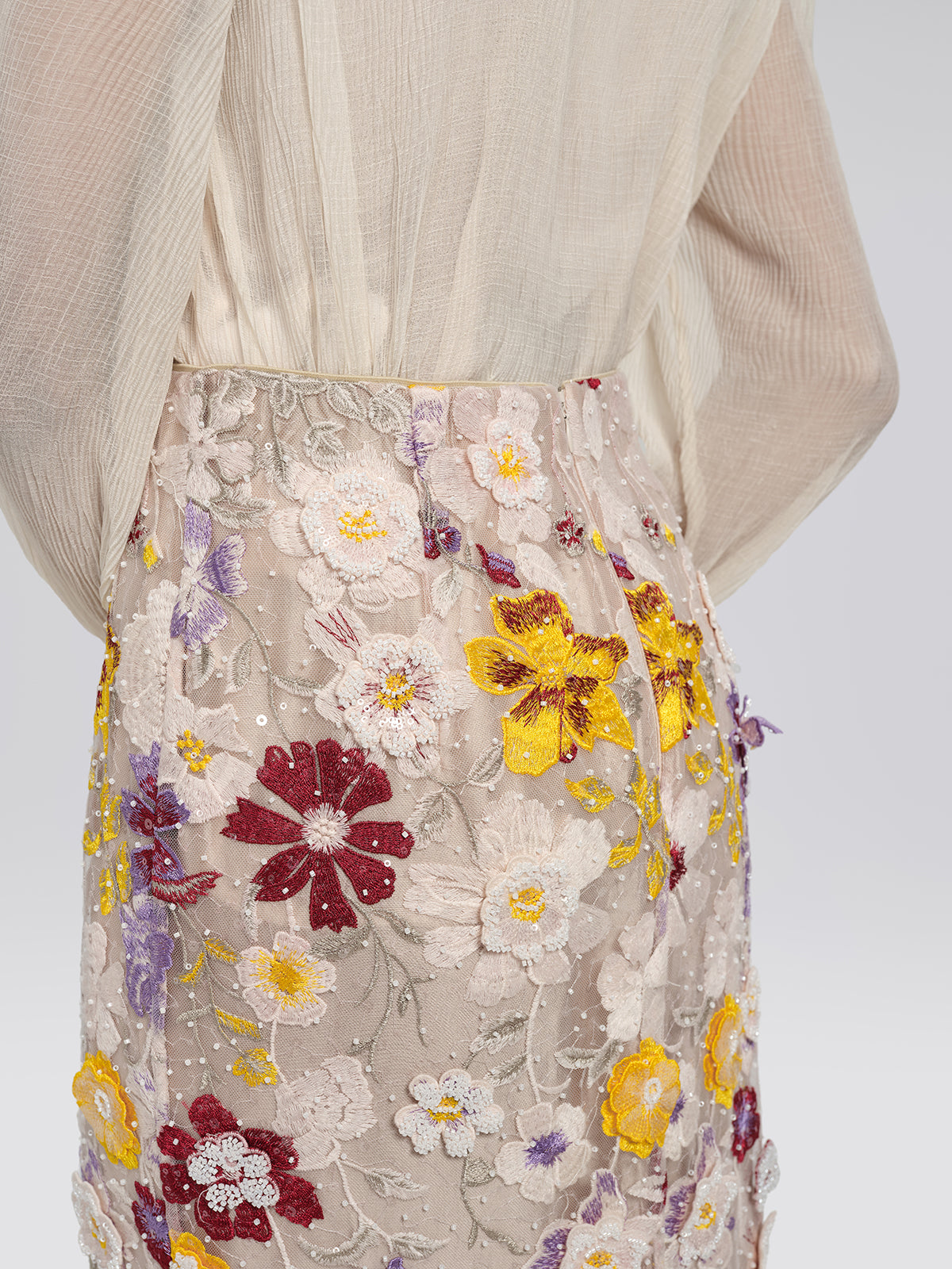 Beaded Floral Embroidered Sheer Mesh Skirt
