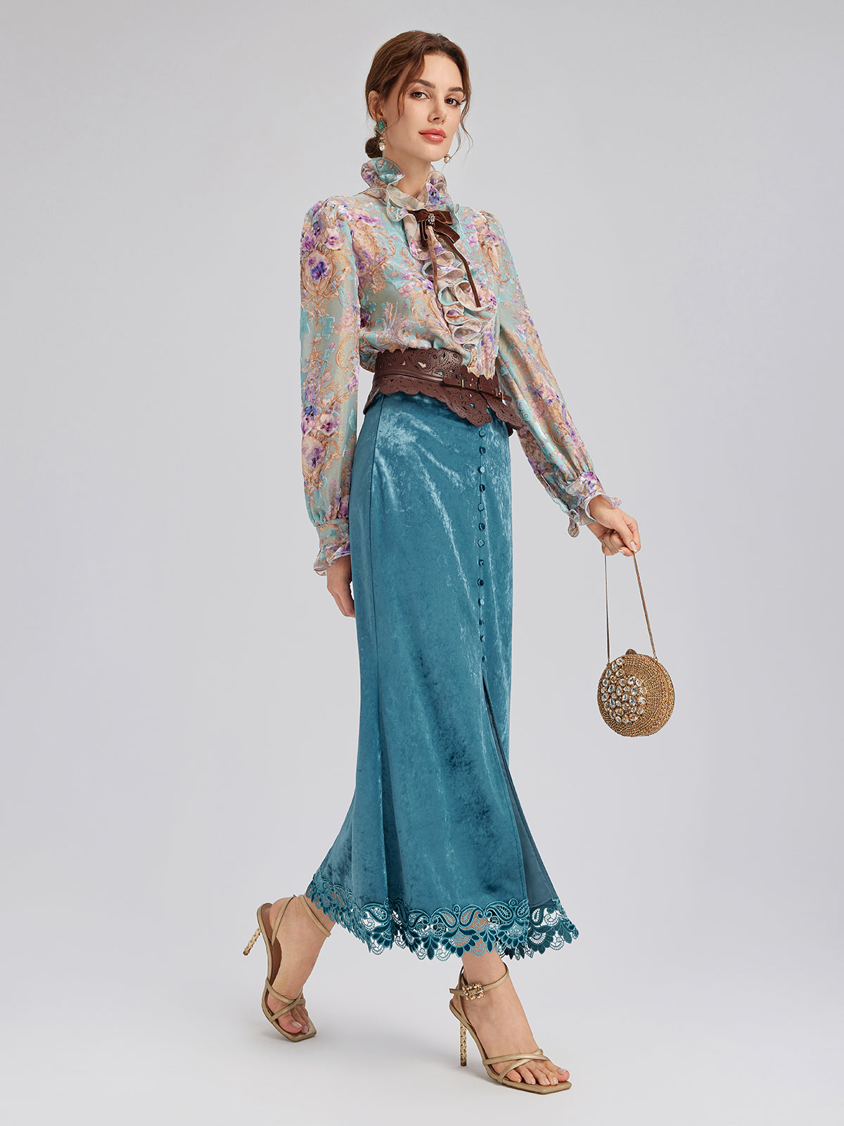 Silk Velvet Devoré Ribbon Bow Ruffle Blouse