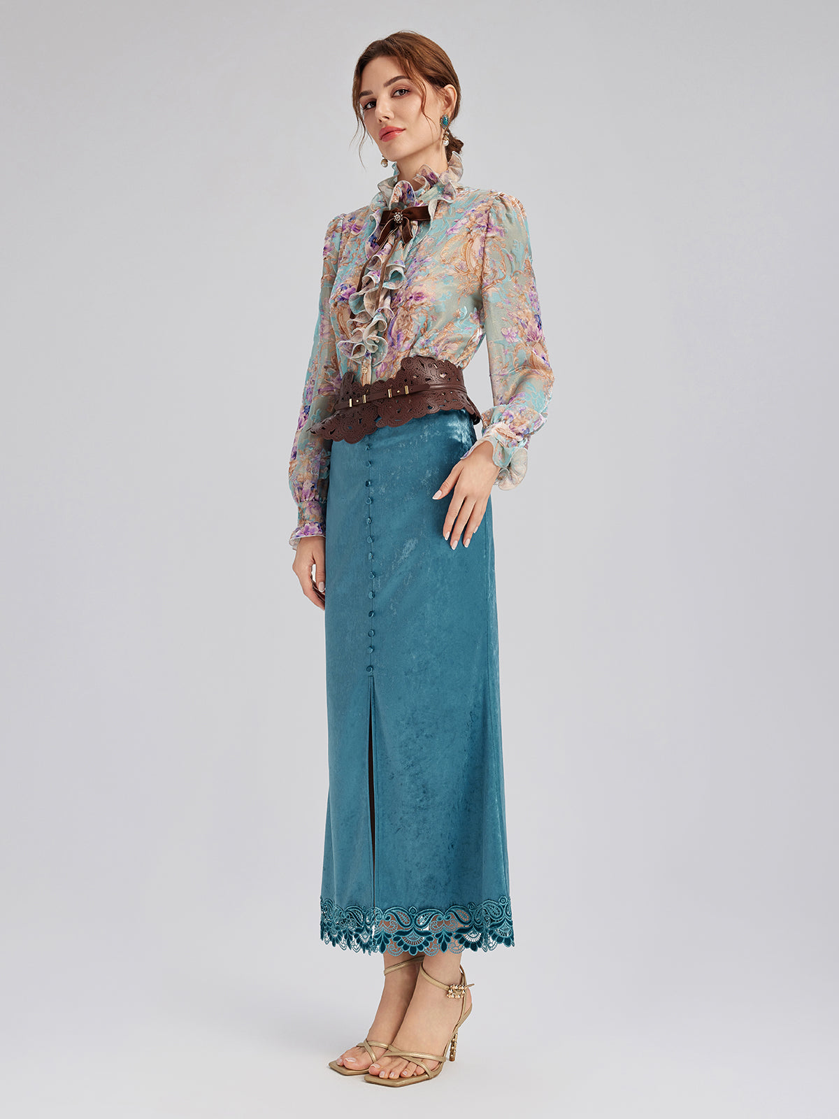 Velvet Lace-Trim Front Slit Fishtail Skirt