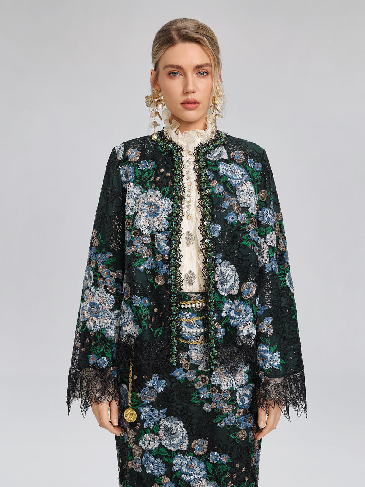 Sequin Lace-Trim Hand-Beaded Crystal Jacket