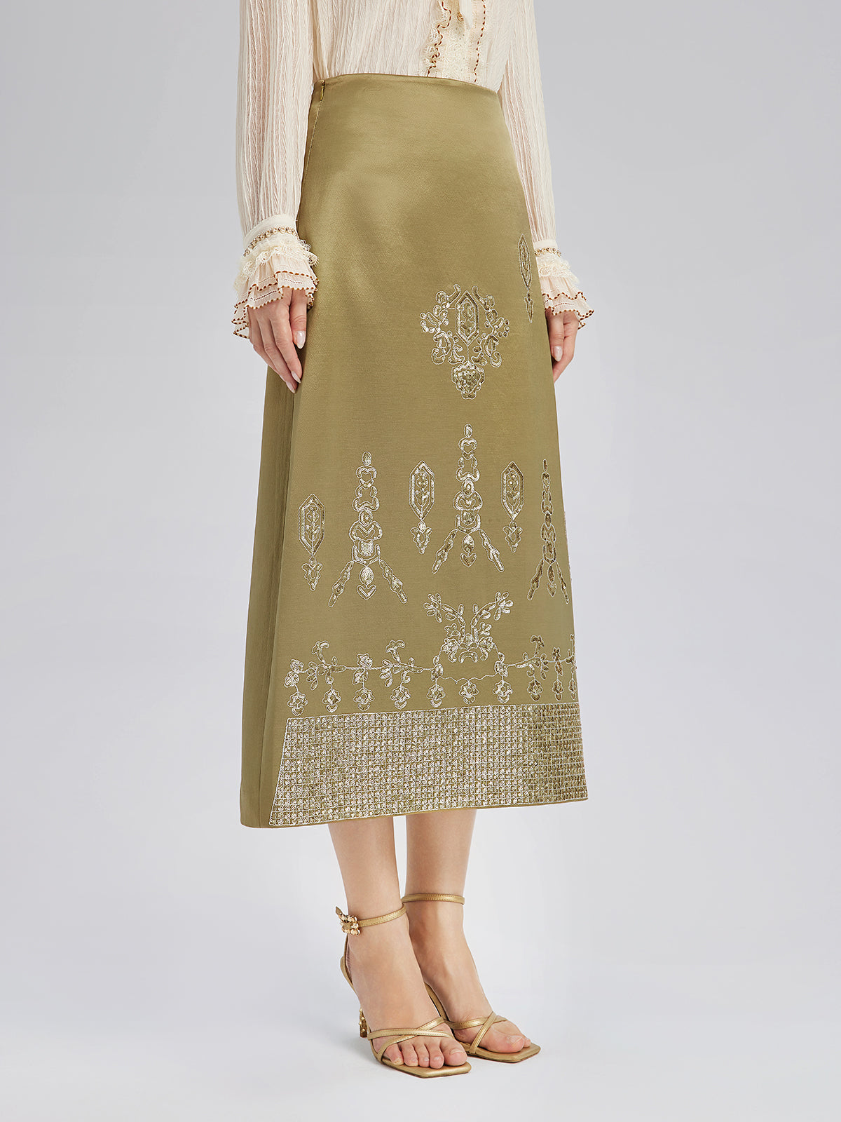 Lustrous Embroidered Floral A-Line Skirt