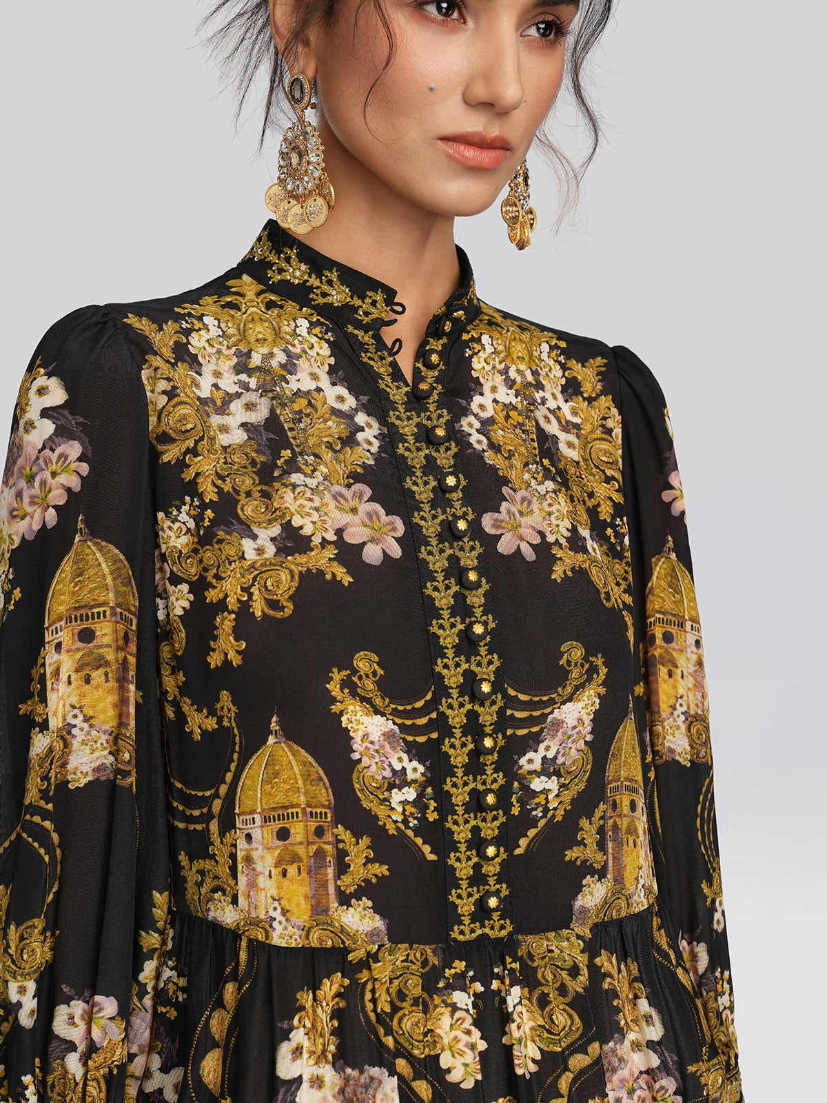 100% Silk Architectural Floral Print Tiered Dress