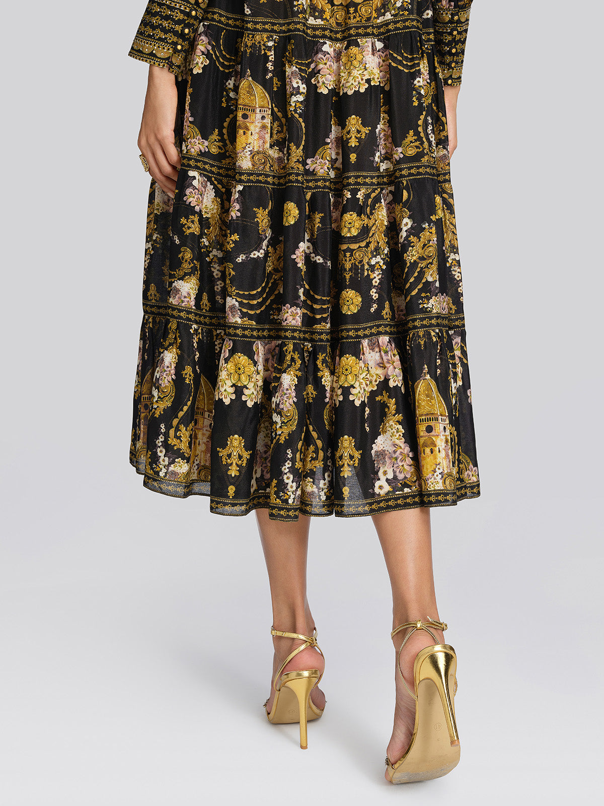 100% Silk Architectural Floral Print Tiered Dress