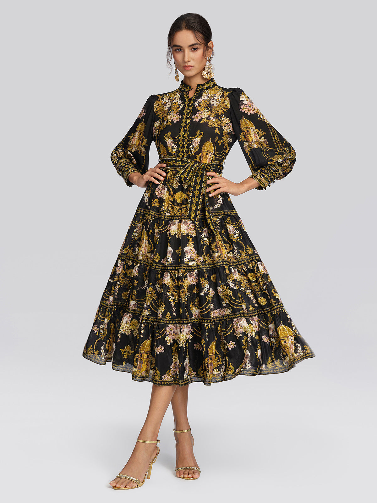 100% Silk Architectural Floral Print Tiered Dress