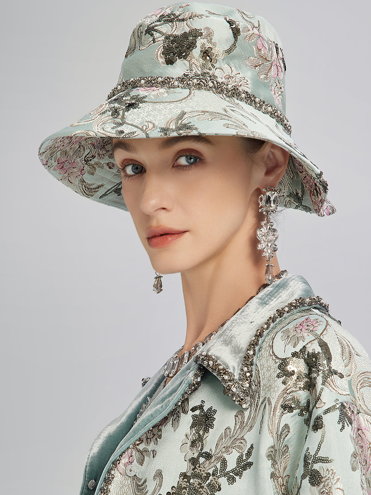 Hand-Beaded Sequin Floral Jacquard Hat