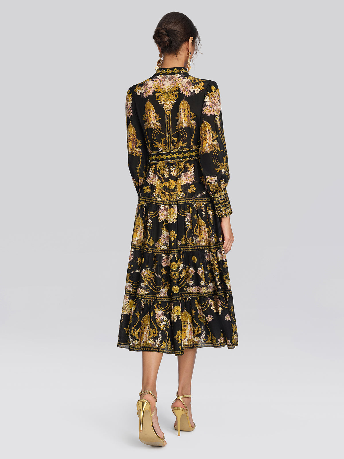 100% Silk Architectural Floral Print Tiered Dress