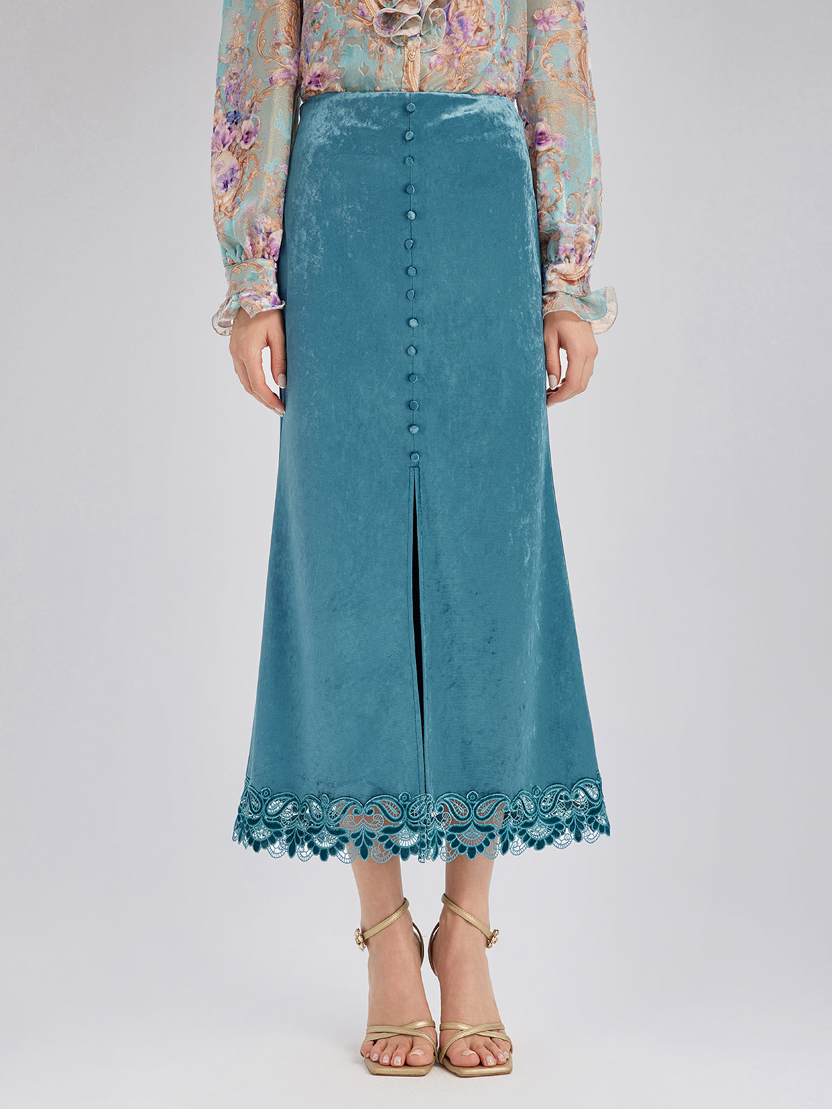 Velvet Lace-Trim Front Slit Fishtail Skirt