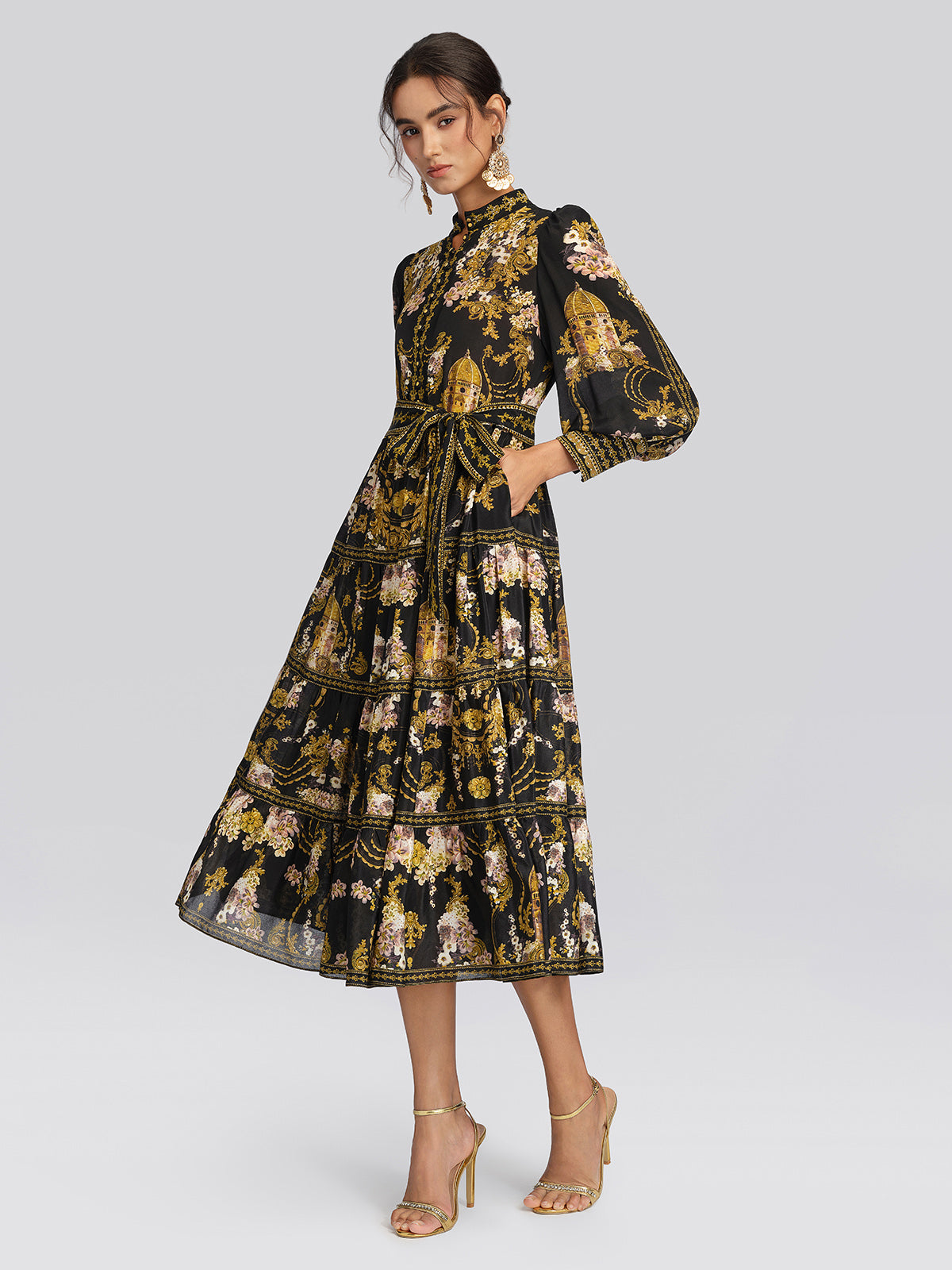 100% Silk Architectural Floral Print Tiered Dress